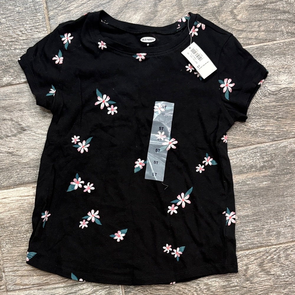 Old Navy Black Tee with Pink and White Floral Design